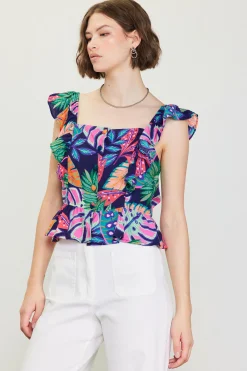 SKIES ARE BLUE Ula Print Ruffled Sleeve Top* Sleeveless Tops