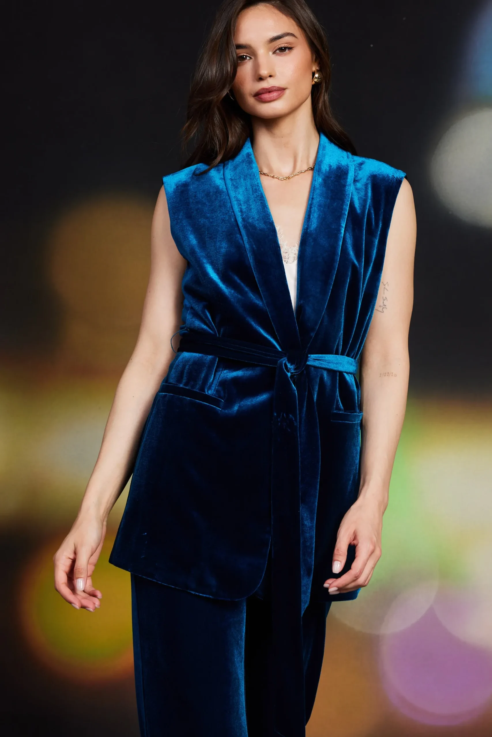 SKIES ARE BLUE Velvet Vest with Self Tie* Sleeveless Tops