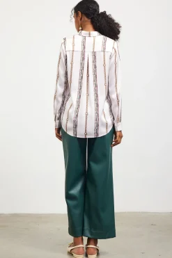 SKIES ARE BLUE Vertical Stripe Satin Button Down* Long Sleeve Tops